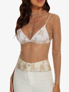 Lace 🟣 Size Large Sheer Long Sleeve Top in Brown